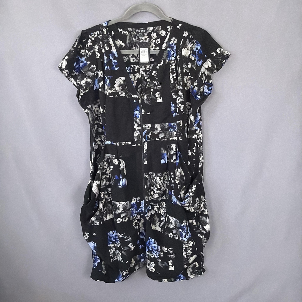 City‎ Chic Dress Womens 22 Blue Floral Zip Tunic Pockets Cap Sleeve NEW